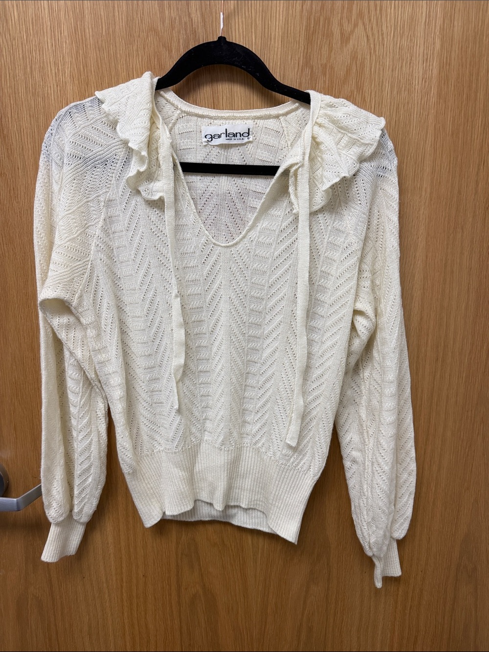 Garland Vintage 70s Cream Ruffle-Trim Pointelle Knit V-Neck Sweater
